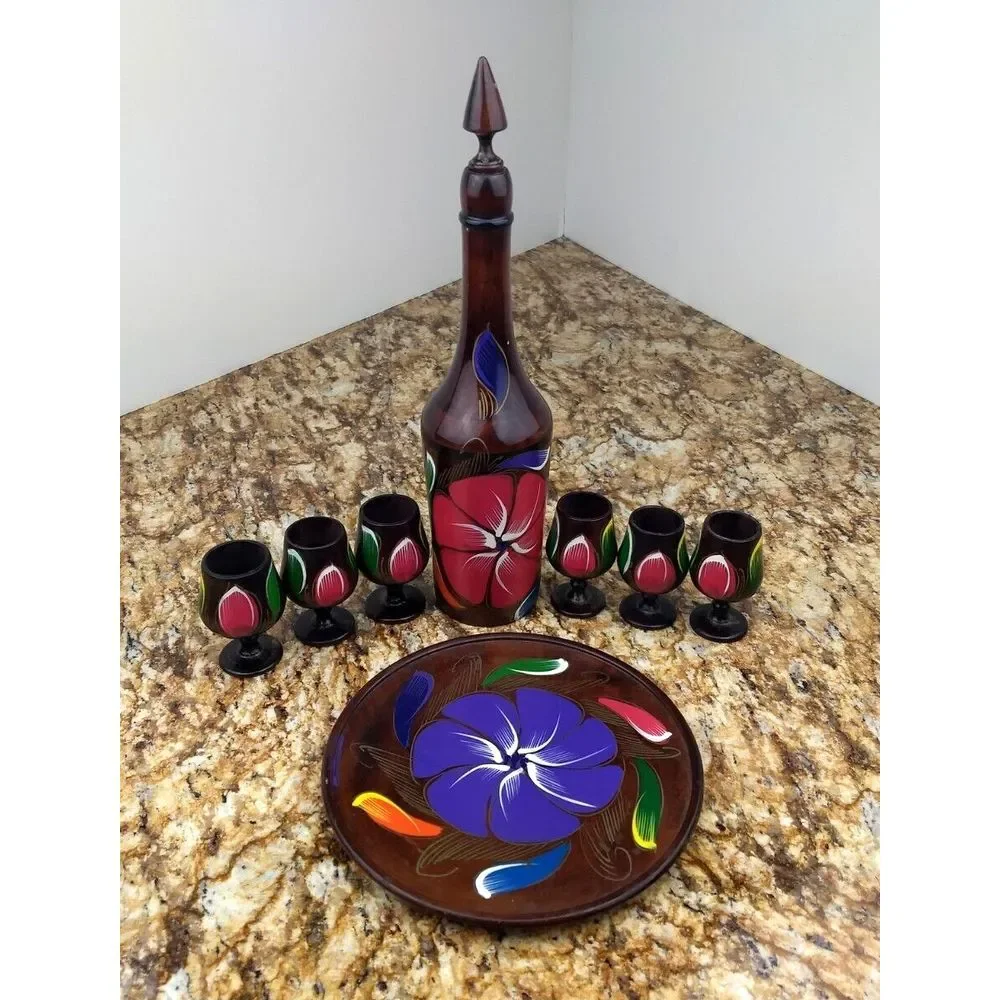 VTG Turned Wood Decanter Set w/ 6 Goblet Shot Glasses & Tray Hand Painted Floral